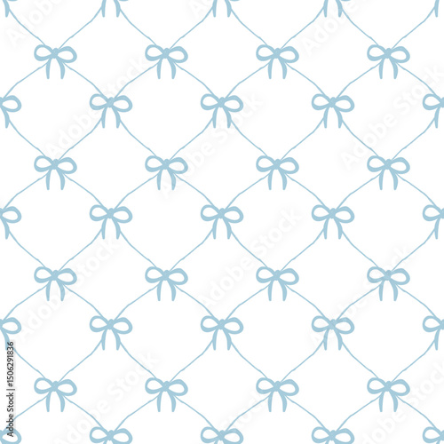 Vector pattern of fabric, wallpaper, wrapping paper, mats and bed sheets. Continuous and repeatable. Designed with diamond cutouts, alternating with bows. Cute style.