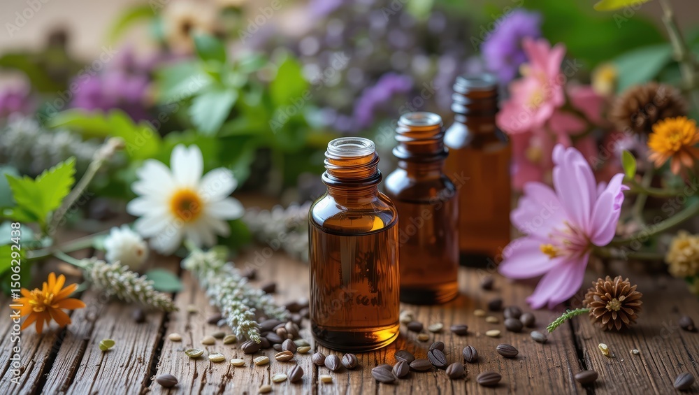 Glass Bottles of Essential Oils Surrounded by Colorful Flowers and Fresh Herbs on Wooden Table Glass Bottles of Essential Oils Surrounded by Colorful Flowers and Fresh Herbs on Wooden Table
