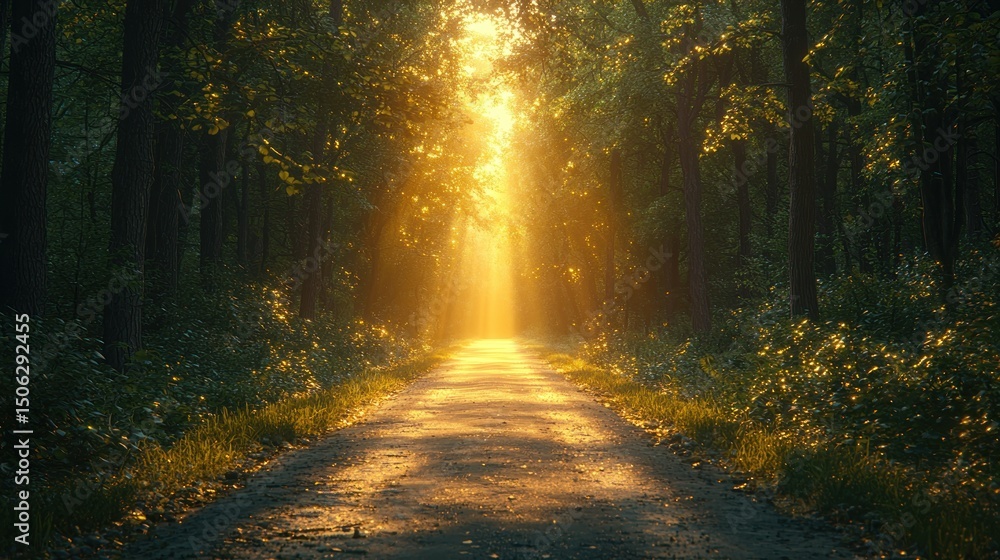 Fototapeta premium Forest Path with Golden Light Beams Shining Through the Trees