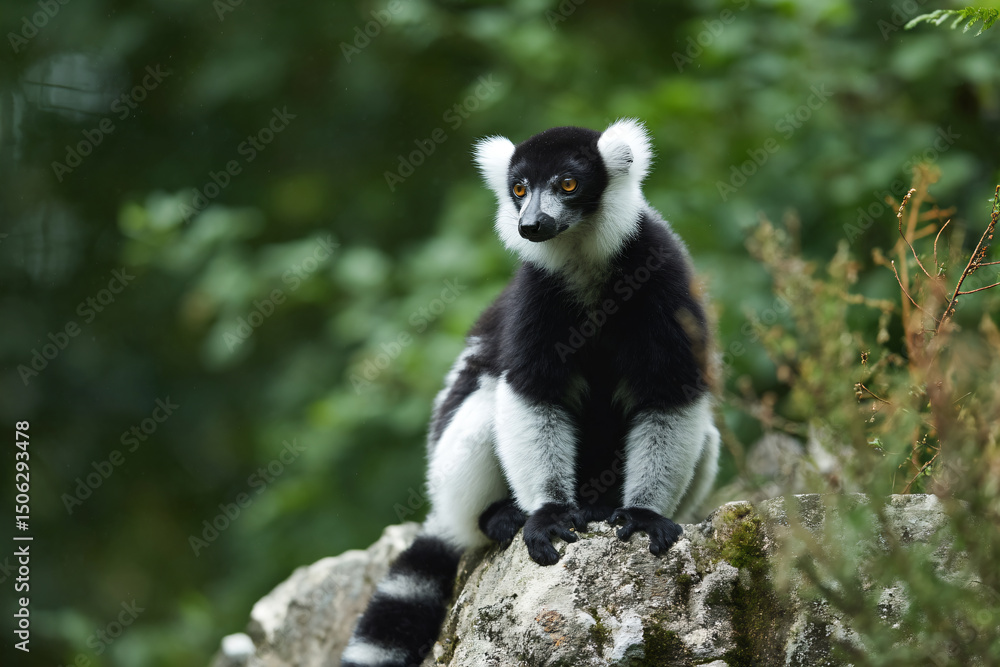 Obraz premium a black and white lemur sitting on a rock