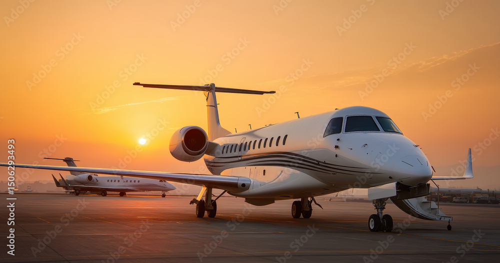 Fototapeta premium Luxury jet at sunset, showcasing elegance and sophistication in aviation. warm glow of sun enhances scene beauty