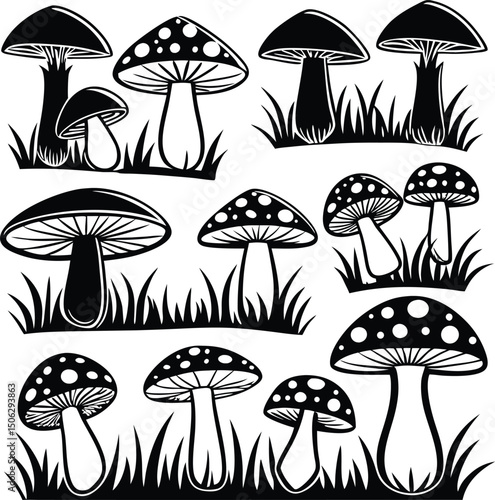 Monochrome Mushroom Vector Illustration with Grass for Graphic Design Projects
