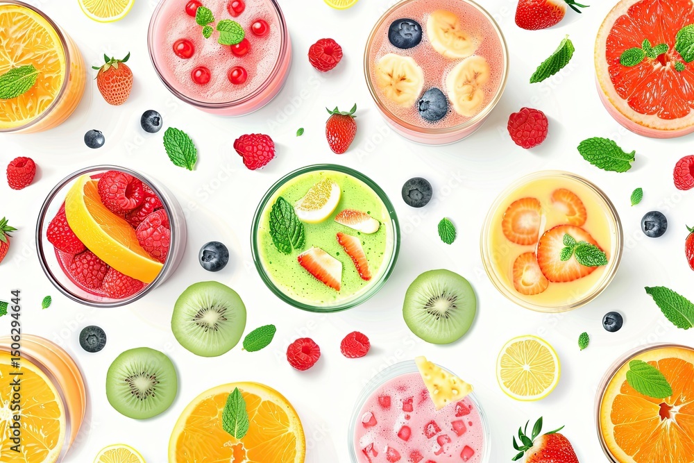 Set of different fresh tasty smoothies on white background, top view. Banner design Set of different fresh tasty smoothies on white background, top view. Banner design