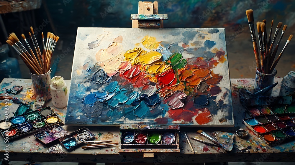 Obraz premium Colorful Impasto Painting in Artist Studio