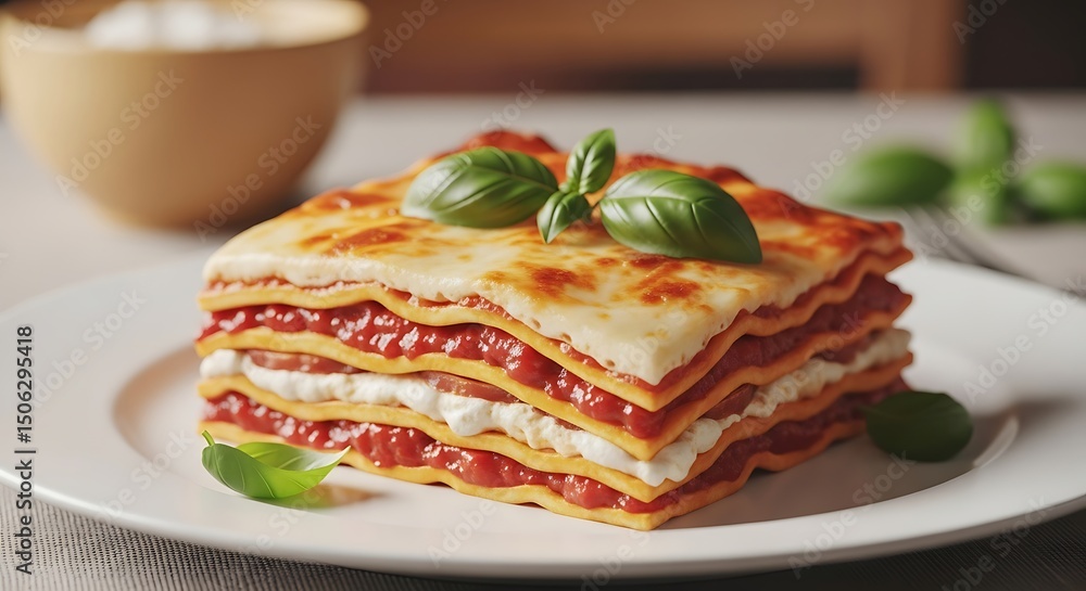 Close-up of homemade layered lasagna with tomato sauce and creamy cheese on white plate Close-up of homemade layered lasagna with tomato sauce and creamy cheese on white plate
