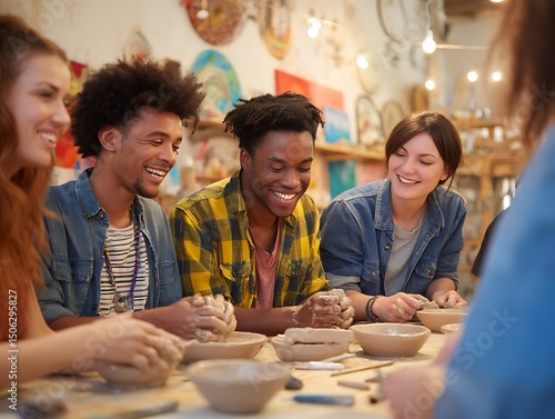 Diverse group of friends in pottery class at community workshop