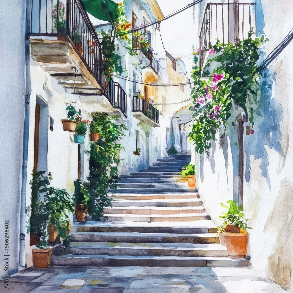 Obraz premium A sunlit watercolor painting of a charming staircase in a Mediterranean village.
