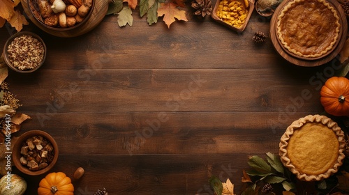 Fototapeta Naklejka Na Ścianę i Meble -  Autumnal thanksgiving feast wooden tabletop background featuring pumpkins pies nuts and fall leaves