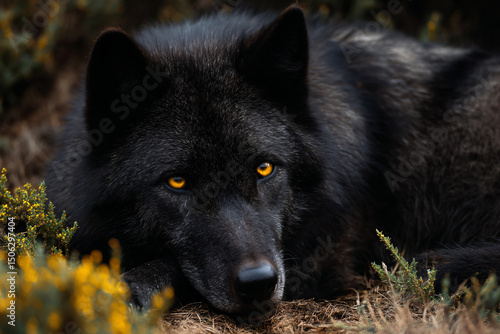 a black wolf laying down in the grass