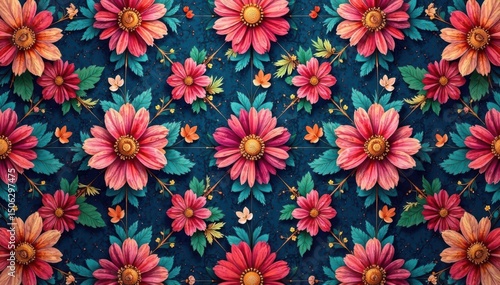Intricate floral textile design, repeating motif , surface, bloom