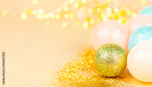 Sparkling Spheres and Soft Light: A captivating arrangement of pastel spheres, shimmering with glitter, is illuminated by a warm, blurred background, casting an aura of enchantment.