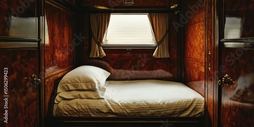 A small, cozy berth in a vintage train car.