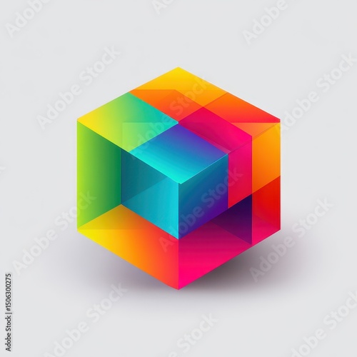 A vibrant, multifaceted cube composed of interlocking, gradient-colored sections casts a subtle shadow on a light gray background
