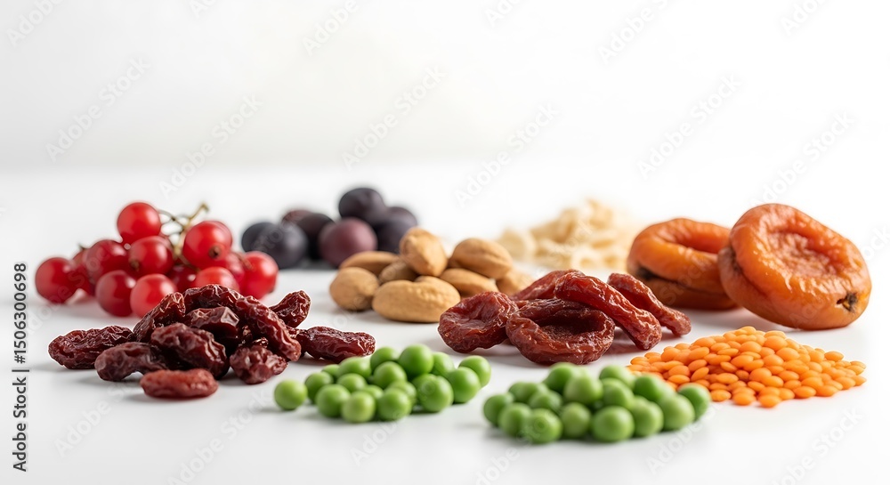 Assorted dried fruit and nuts with fresh green peas on white background Assorted dried fruit and nuts with fresh green peas on white background