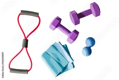 Fitness equipment including dumbbells and resistance bands on white background  