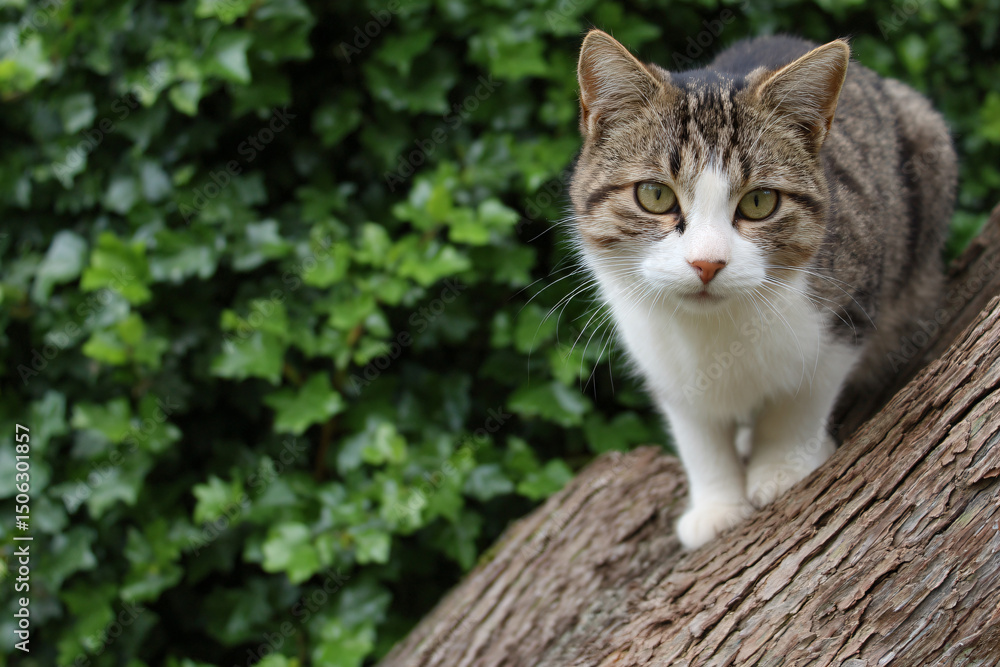 Obraz premium a cat standing on a tree trunk looking at the camera