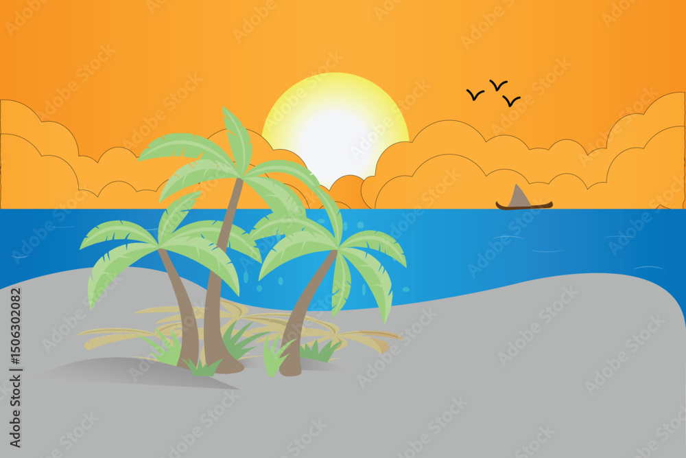 Fototapeta premium Tropical Beach Sunset Illustration