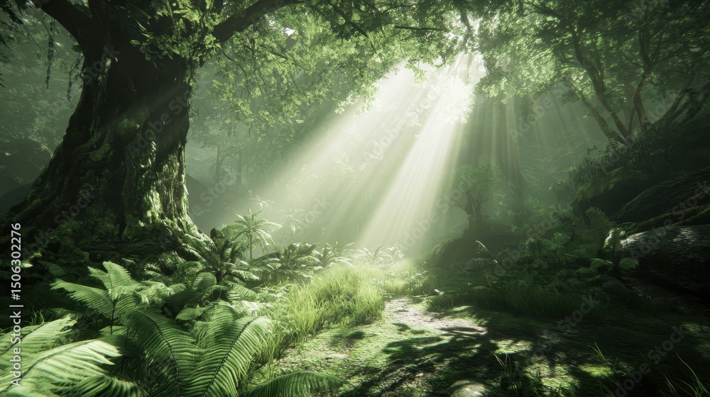 Sunlight streams through a lush, overgrown jungle path. Sunlight streams through a lush, overgrown jungle path.