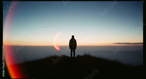 Person Silhouette at Sunrise or Sunset on Hill