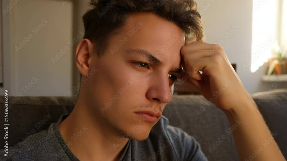 An unwell young man with a headache sitting at home An unwell young man with a headache sitting at home