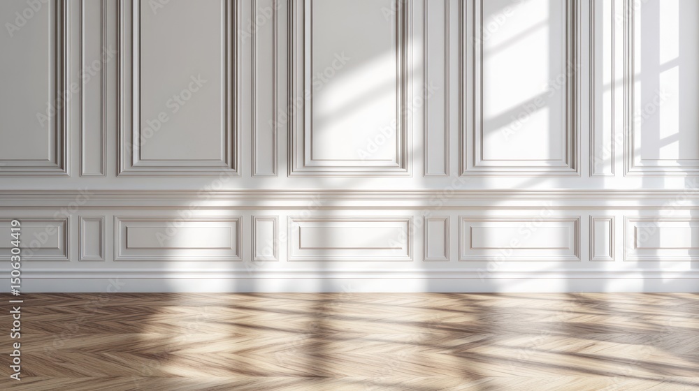 Fototapeta premium Sunlight Streaming Into Empty Room with White Wall and Wood Floor