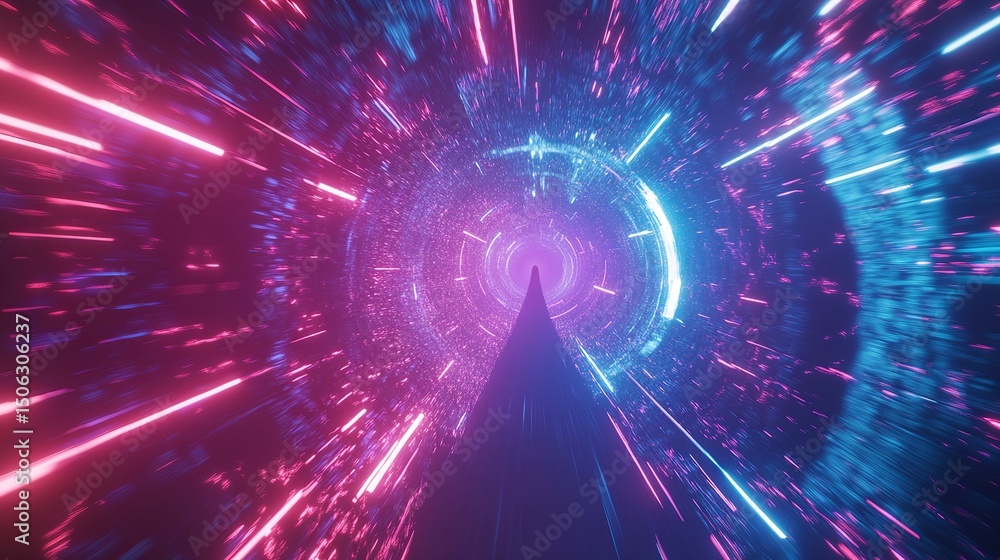 Obraz premium Neon light windows moving in to deep space center zoom effect, bright blue and pink. futuristic explosion of colors in the shape of blue windows. Modern futuristic. pattern-like scape. Background