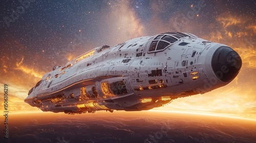 Wallpaper Mural Spaceship Flying Above a Planet at Sunset with a Starry Sky Torontodigital.ca