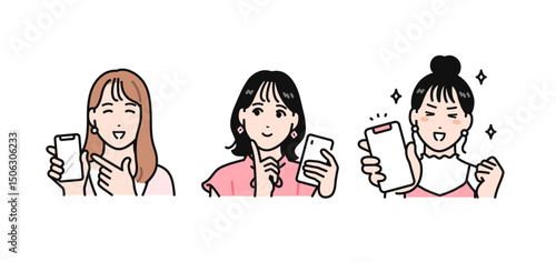 スマートフォンを見て喜ぶ3人の若い女性のシンプルなベクターイラストセット