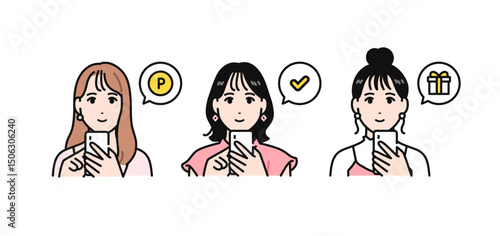 スマートフォンを操作するオシャレな若い女性3人のシンプルなベクターイラストセット