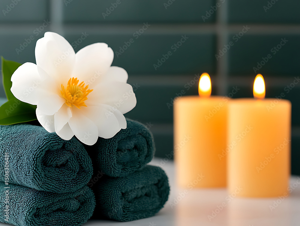 Relaxing Spa Setup With Towels, Candles, and Flower for Soothing Ambiance in a Wellness Space Relaxing Spa Setup With Towels, Candles, and Flower for Soothing Ambiance in a Wellness Space