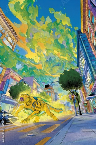 Wallpaper Mural Stylized Jaguar like Creature with Yellowish Green Energy Bursts Running Through a Vibrant City Street Torontodigital.ca
