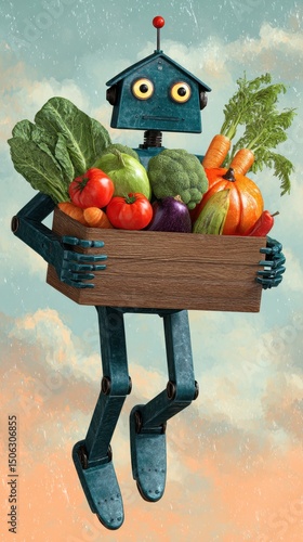 Wallpaper Mural Teal Pixel Robot Delivering Fresh Vegetables in a Dreamy Sky Torontodigital.ca