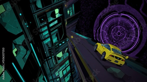 Wallpaper Mural Yellow Sports Car Speeds Through Futuristic City at Night Torontodigital.ca