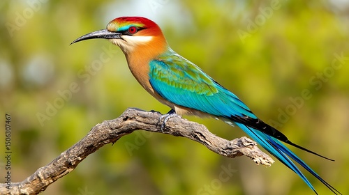 Multicolored Bird Perched on Branch, Vibrant Plumage, Green Background