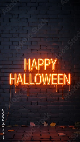 Happy halloween neon sign brick wall background