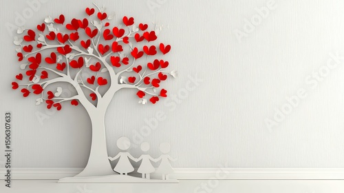 Papercut Red Heart Tree and Children on White Wall