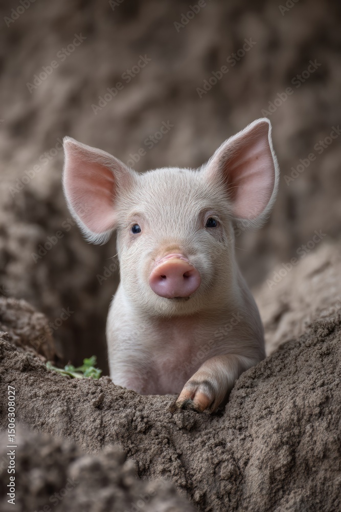 Fototapeta premium A piglet basking in warm afternoon light in a muddy pen, showcasing a serene farm-life moment.
