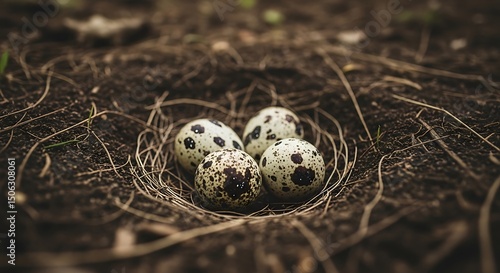 Close-up view of four speckled bird eggs in a natural ground nest
