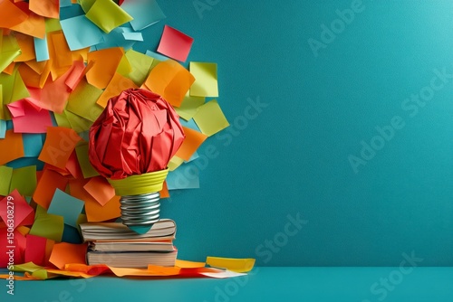 Red Crumpled Paper Lightbulb Idea Concept with Colorful Sticky Notes