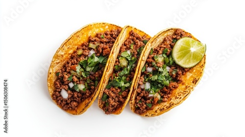 Delicious ground beef tacos garnished with fresh cilantro and lime wedges on a white background