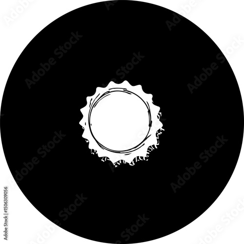Monochromatic abstraction featuring a circular element with jagged perimeter