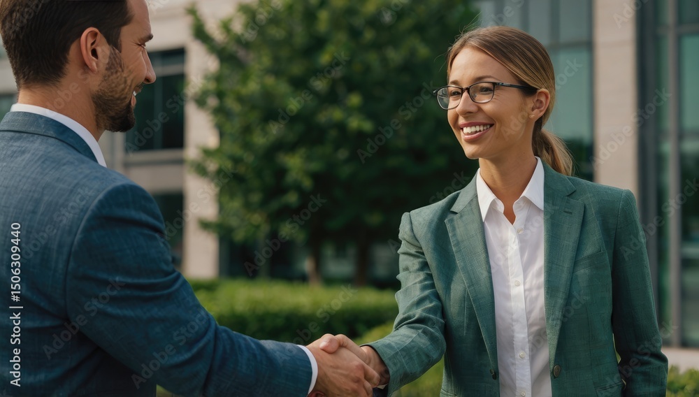 Customer and salesperson shaking hands. Success. Happy. Blues and greens. Customer and salesperson shaking hands. Success. Happy. Blues and greens.