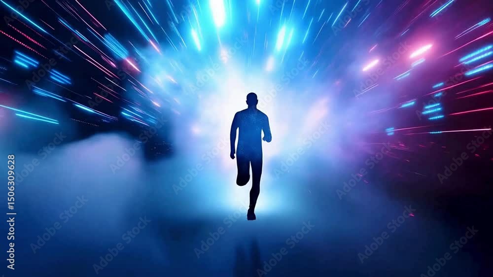 Man running through abstract light tunnel background animation video for inspiration use case. A man walks through a glowing portal. Bright lights and particles fill the scene Man running through abstract light tunnel background animation video for inspiration use case. A man walks through a glowing portal. Bright lights and particles fill the scene