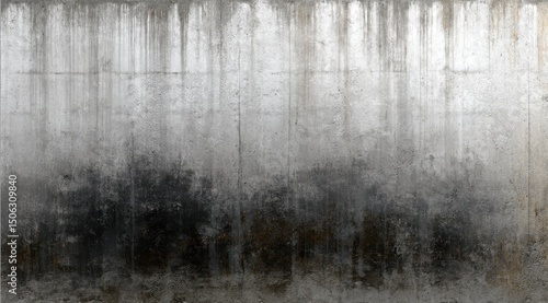 Weathered concrete wall with streaks of dark grime and water damage, showing vertical texture and variations in shade from light grey to dark brown