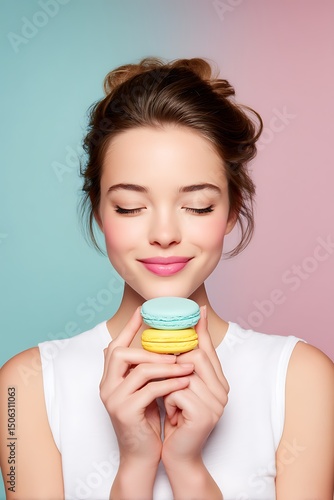 woman holding macaron near lips with pastel tone