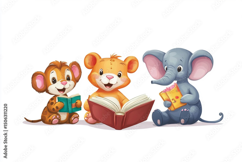 Fototapeta premium cartoon characters cute animals reading books white background
