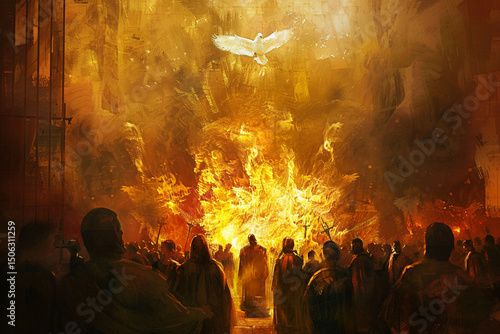 Pentecost. The descent of the Holy Spirit on the followers. People in front of a burning fire with white dove above them. Digital painting