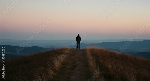 Person Stands on Hill at Dusk Looking at Mountain Landscape