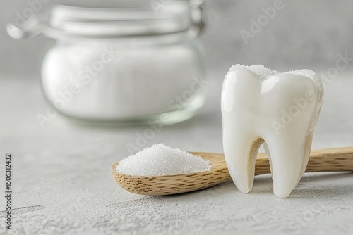 White tooth model beside sugar in spoon