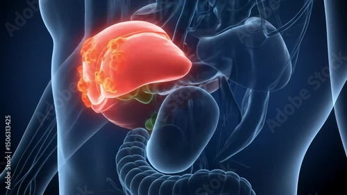 Anatomical illustration of a liver with lesions.